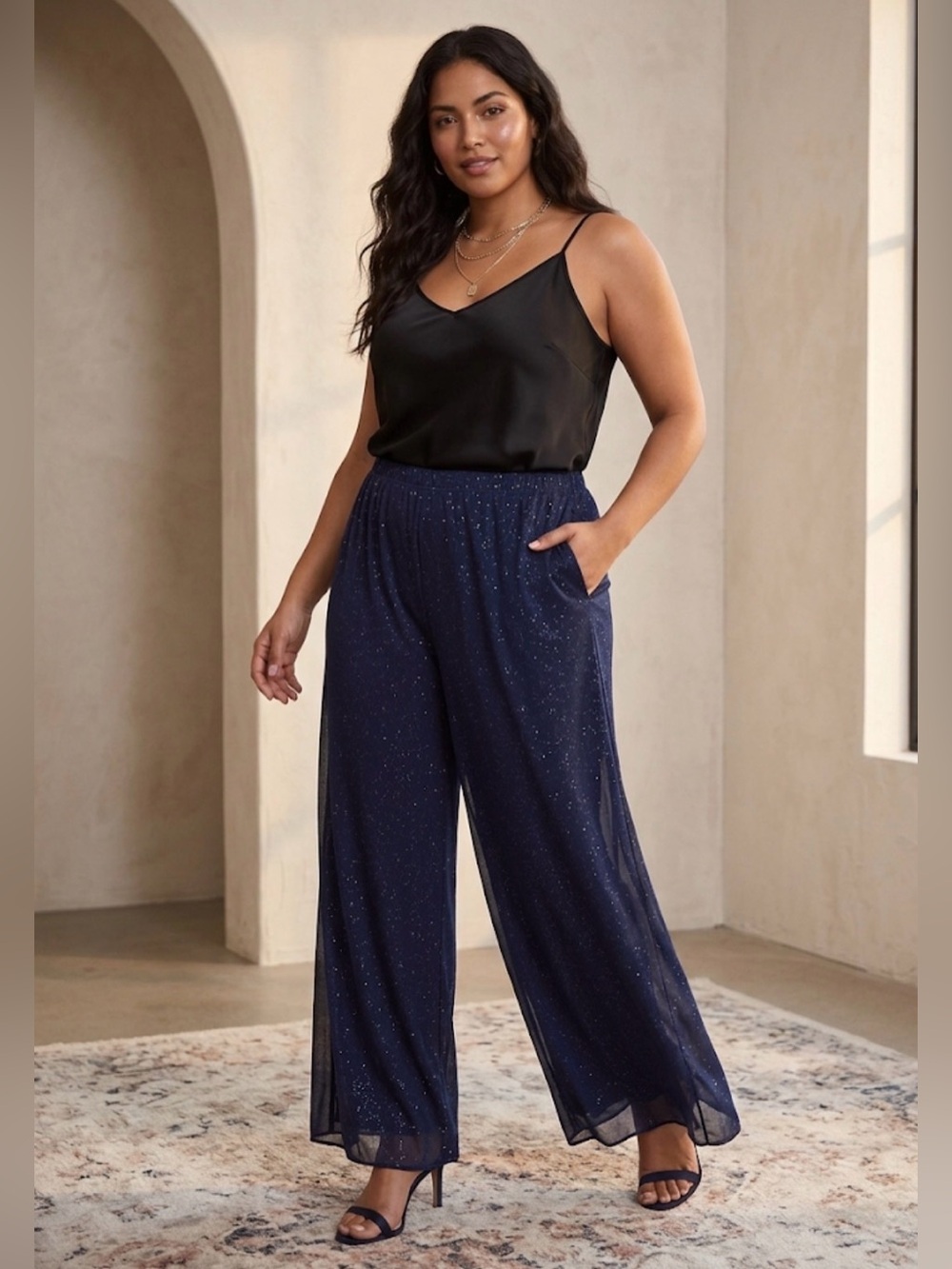MSK Navy Blue Elastic Waist Festivo Palazzo Pants with Glit Glitter size M
